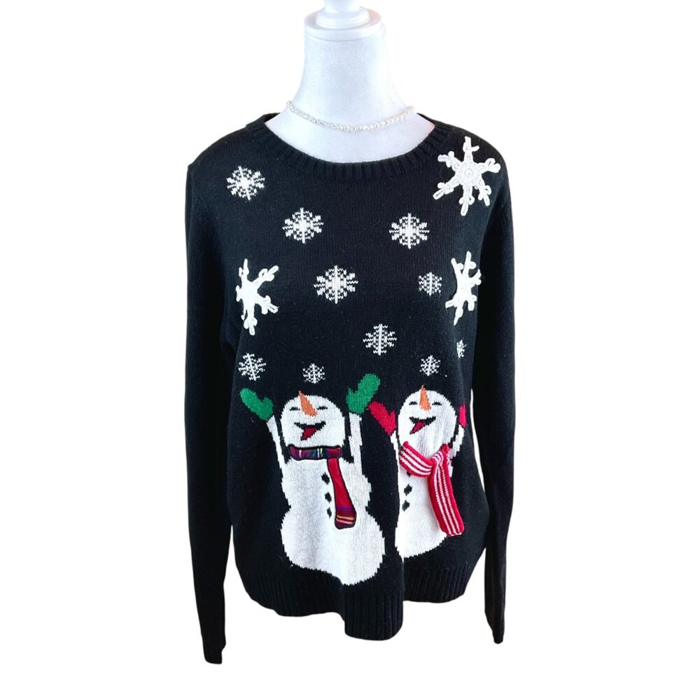 Karen Scott Christmas Sweater Snowman Black Multi (L)